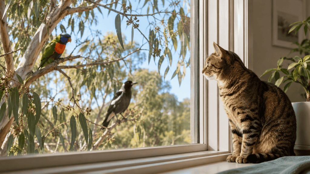 Tabby cat watching birds outside the window at Elgar Road Veterinary Hospital.